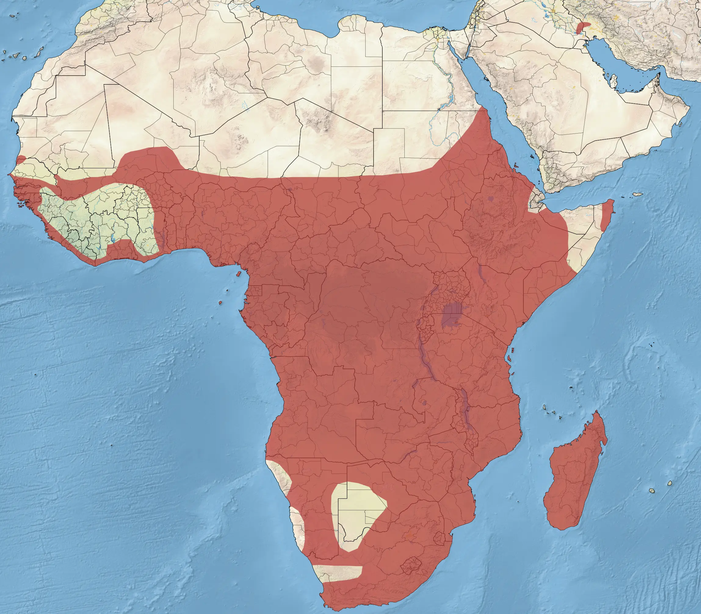 Змієшийка африканська карта середовища проживання