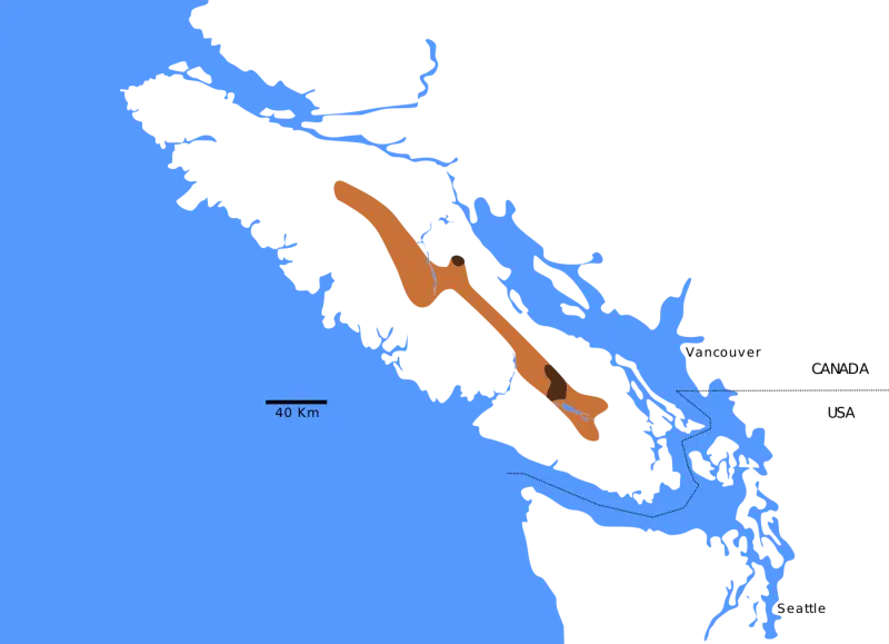 Geographical distribution of Vancouver Island marmot, with the Canada-United States border added
&#160; Current distribution
&#160; Former distribution