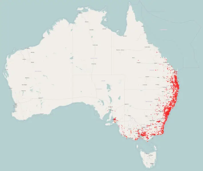 Adapted from The Atlas of Living. Data from:
'Birdata: 3,363 records
DECCW Atlas of NSW Wildlife: 2,942 records
Eremaea: 804 records
Australian Museum provider for OZCAM: 82 records
South Australia Fauna Observations: 58 records
Museum Victoria provider f